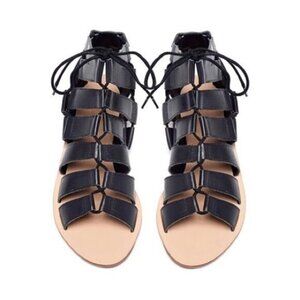 Loeffler Randall Skye Gladiator Sandals Lace Up Leather Black Flats Open toe
